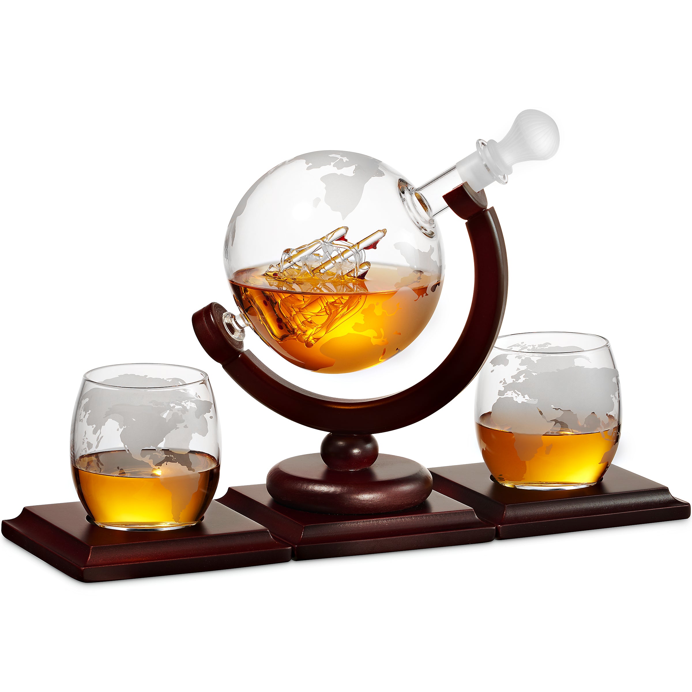 Whiskey Decanter Globe Set with 2 Etched Glasses James Scott Home