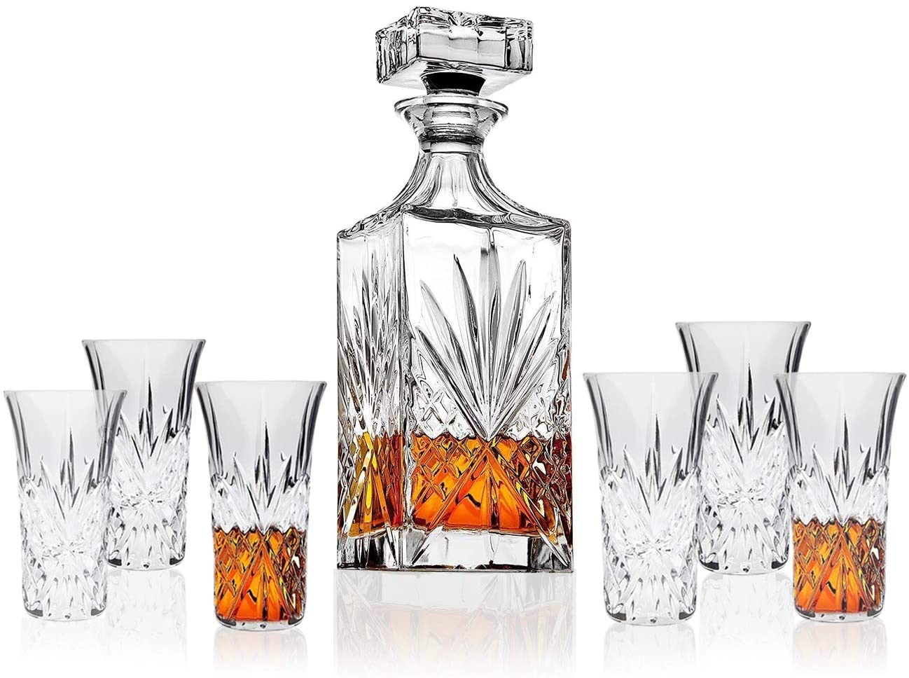 James Scott Crystal Whiskey Decanter and 6 Vodka Shooter Glasses