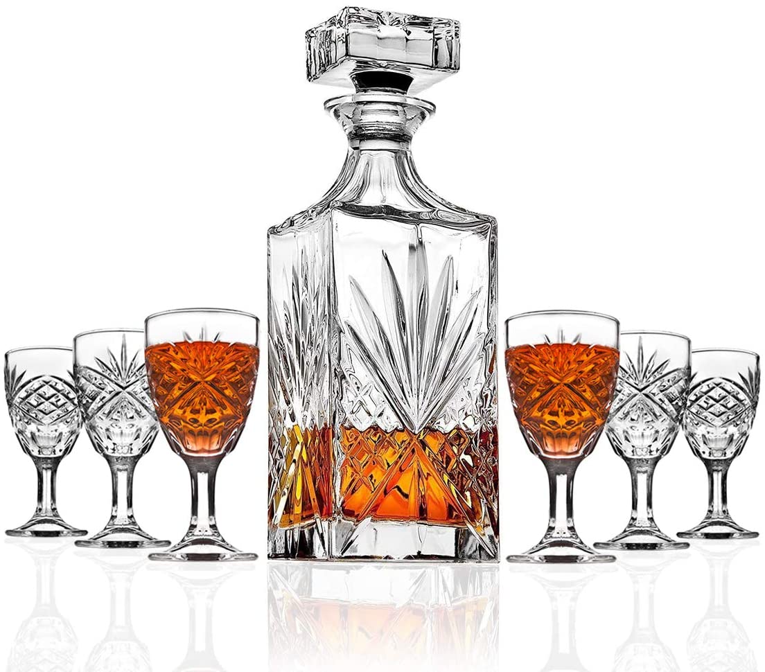 James Scott Crystal Whiskey Decanter and 6 Cordial Shot Glasses